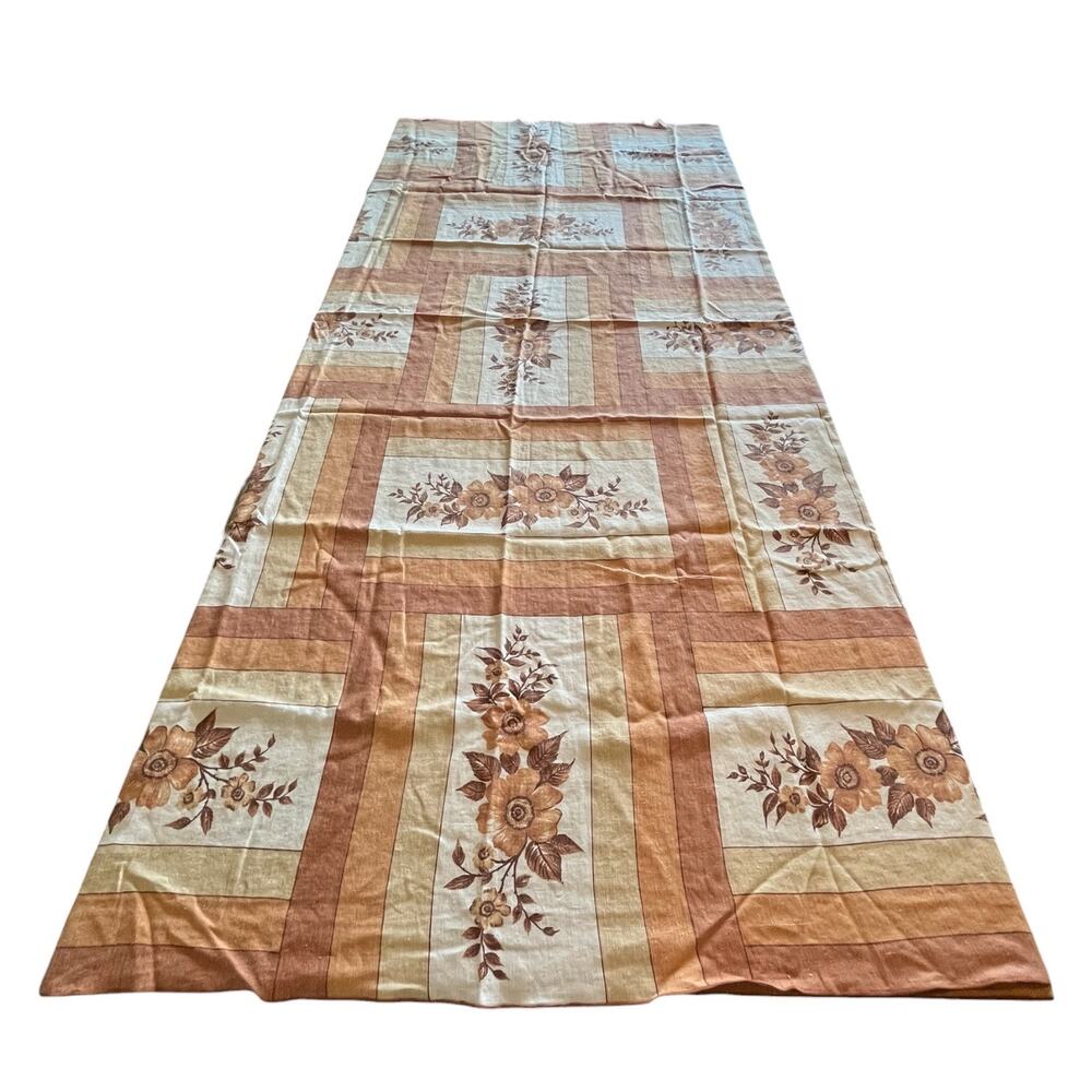 84 x 53 70s Vintage Floral Tablecloth Brown Striped Fall Farmhouse Retro